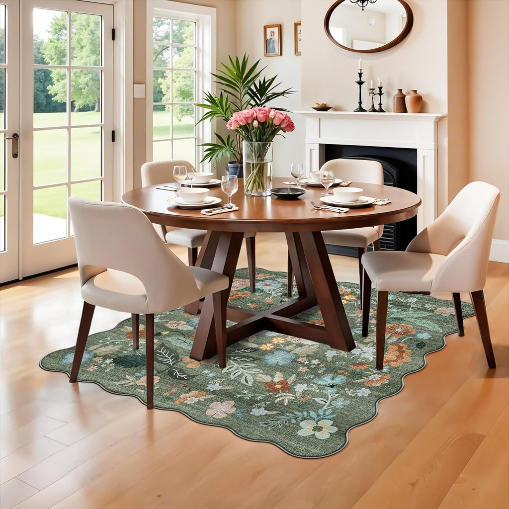 Regine Switzerland Floral Square Area Rug - Washable 5x5 Soft Water-Resistant Carpet | Non-Slip Backing for Living Room & Bedroom Decor