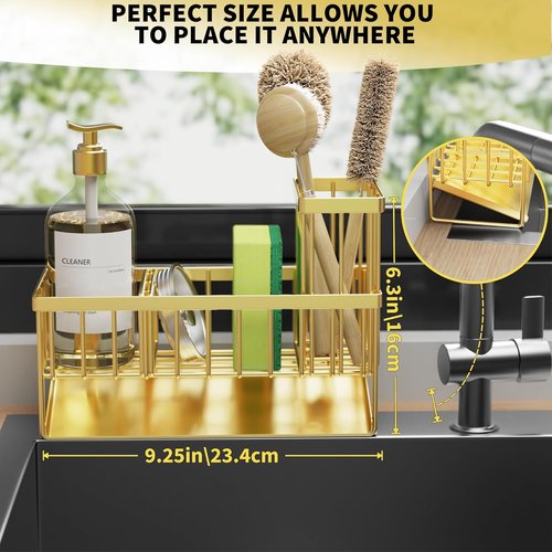 Cisily Gold Kitchen Sink Caddy Organizer - Rustproof Stainless Steel with Brush & Sponge Holder | Home Decor
