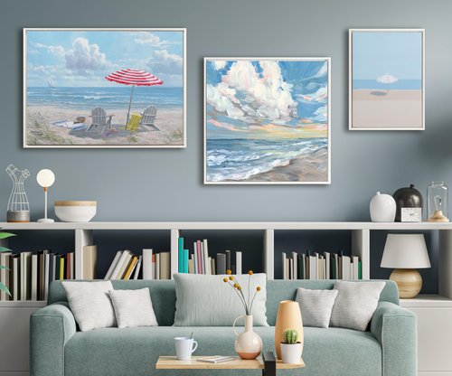Kate and Laurel Sylvie Beaded Throwing Shade Vintage Framed Canvas Wall Art by Rachel Dowd, 18x24 White, Modern Ocean Landscape Illustration Art for Wall