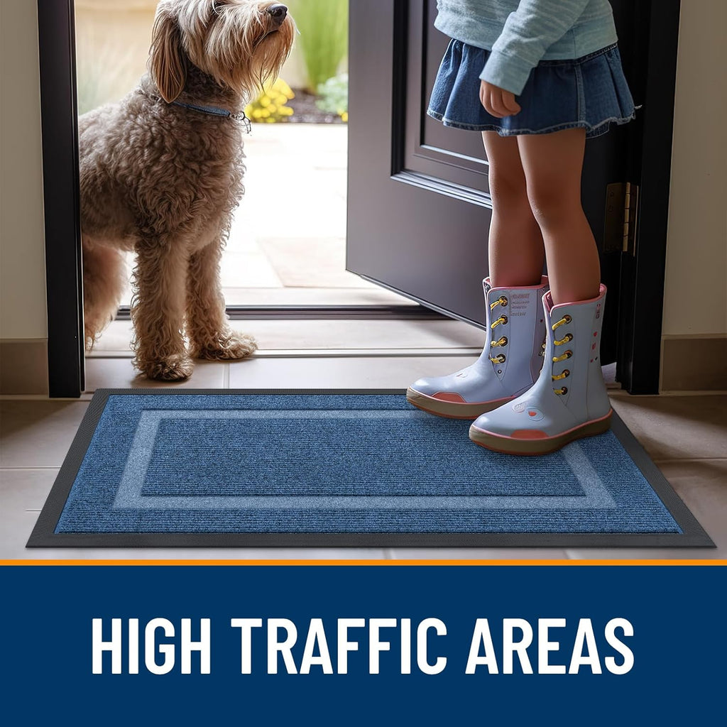 OLANLY Waterproof Front Door Mat - All-Season, Sturdy Natural Rubber, Easy Clean | 47x17, Light Blue