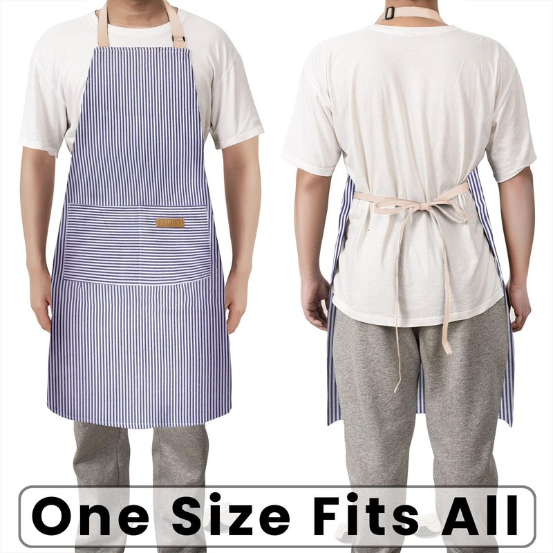 BeLuyi 2 Pack Adjustable Bib Apron with 2 Pockets Chef Cooking Kitchen Restaurant Aprons for Women Men (Blue/Black Stripes)