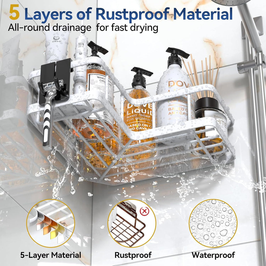YASONIC Corner Shower Caddy - 5-Pack Rustproof Stainless Steel Organizer with Soap Holder | No Drilling, White