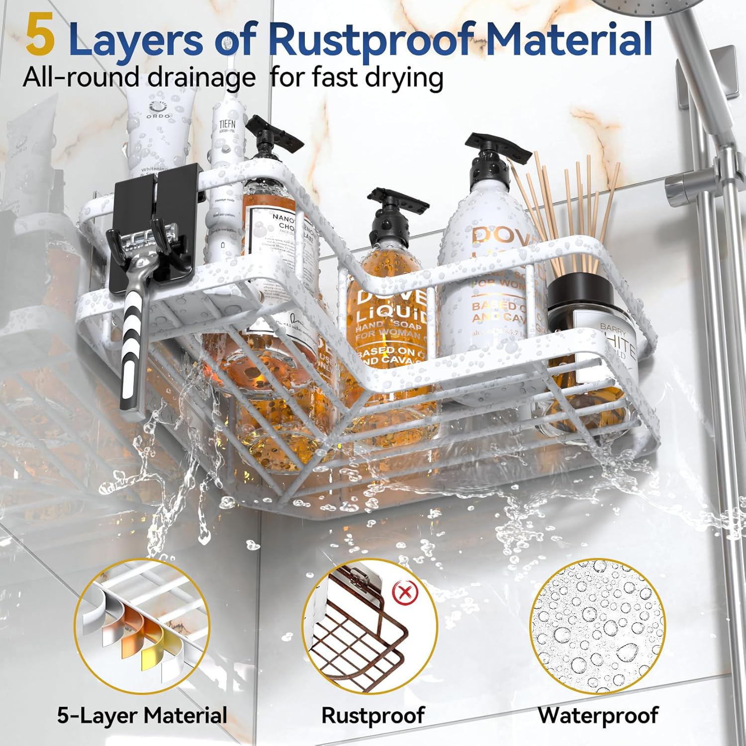 YASONIC Corner Shower Caddy - 5-Pack Rustproof Stainless Steel Organizer with Soap Holder | No Drilling, White