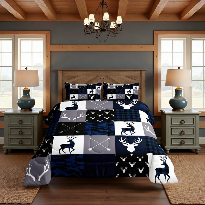 Manfei Camo Deer Antlers Comforter Set Full Size,Geometric Plaid Patchwork Bedding 3pcs for Kids Teens Girls Boys Room Xmas Cabin Quilt Set,Blue Grey Rustic Farmhouse Duvet Insert,2 Pillowcases
