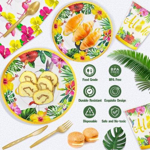 Hawaiian Luau Party Decorations Supplies, Tropical Aloha Birthday Party Plates Summer Beach Holiday Flamingo Disposable Dinnerware Set With Paper Plates Cup Napkin Plastic Fork Knives Spoon, Serves 24