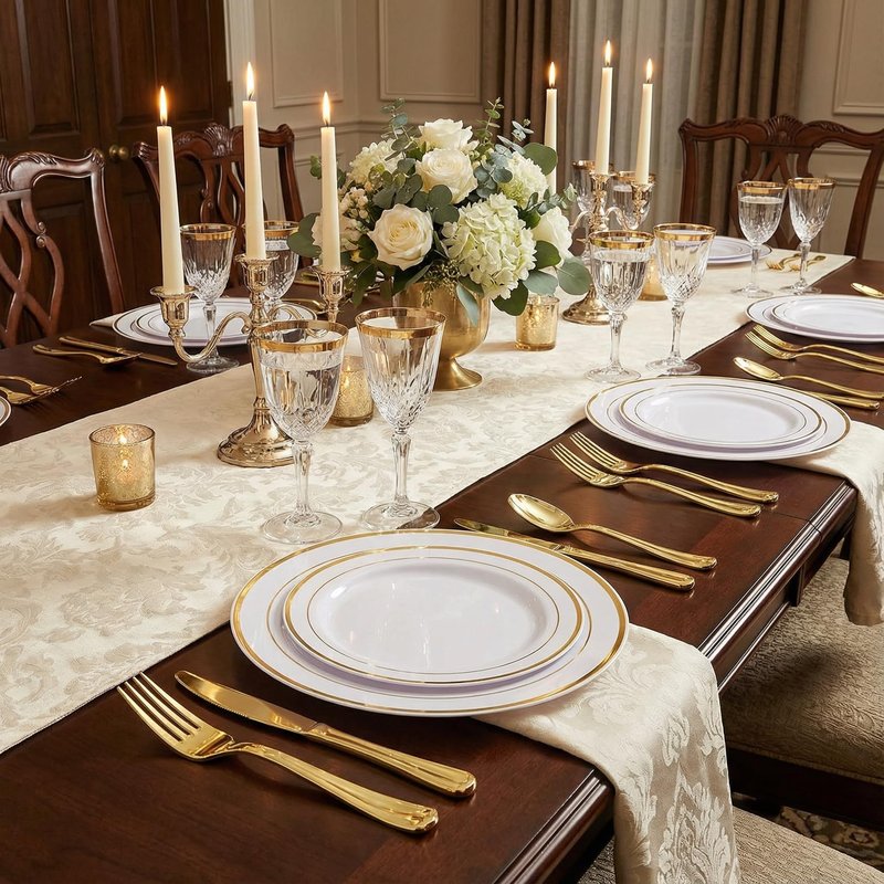 Supernal 800pcs Gold Glitter Dinnerware Set, Plastic Plate Set for 100 Guests,Dinnerware Set of 200 Gold Glitter Plastic Plates,200 Forks 100 Knives,100 Spoons,100 Cups,100 Paper Napkins for Party.