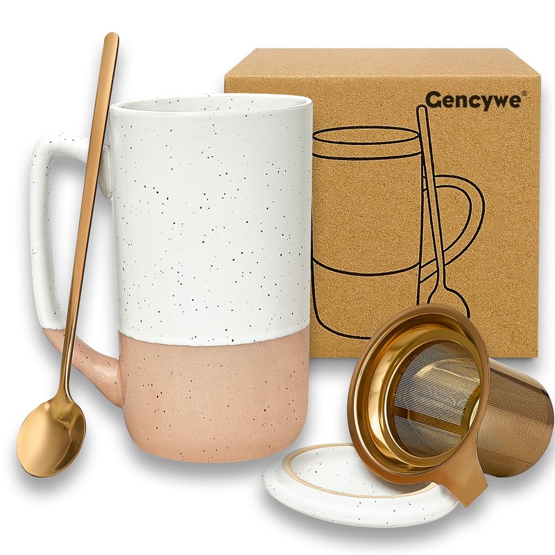 Gencywe Ceramics Large Tea Cup with Loose Leaf Infuser, Spoon and Lid, 16 oz Tall Coffee Mug, Microwave and Dishwasher Safe, Rustic Matte Ceramic Glaze, Tea Strainer (Pink)