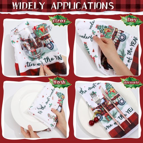 Oudain 6 Pcs Christmas Kitchen Towels Christmas Hand Towels Buffalo Plaid Xmas Tree Snowman Dish Cloths 24 x 16 Inch Santa Truck Decorative Tea Dishcloths for Home Kitchen Bathroom Winter Xmas Gifts