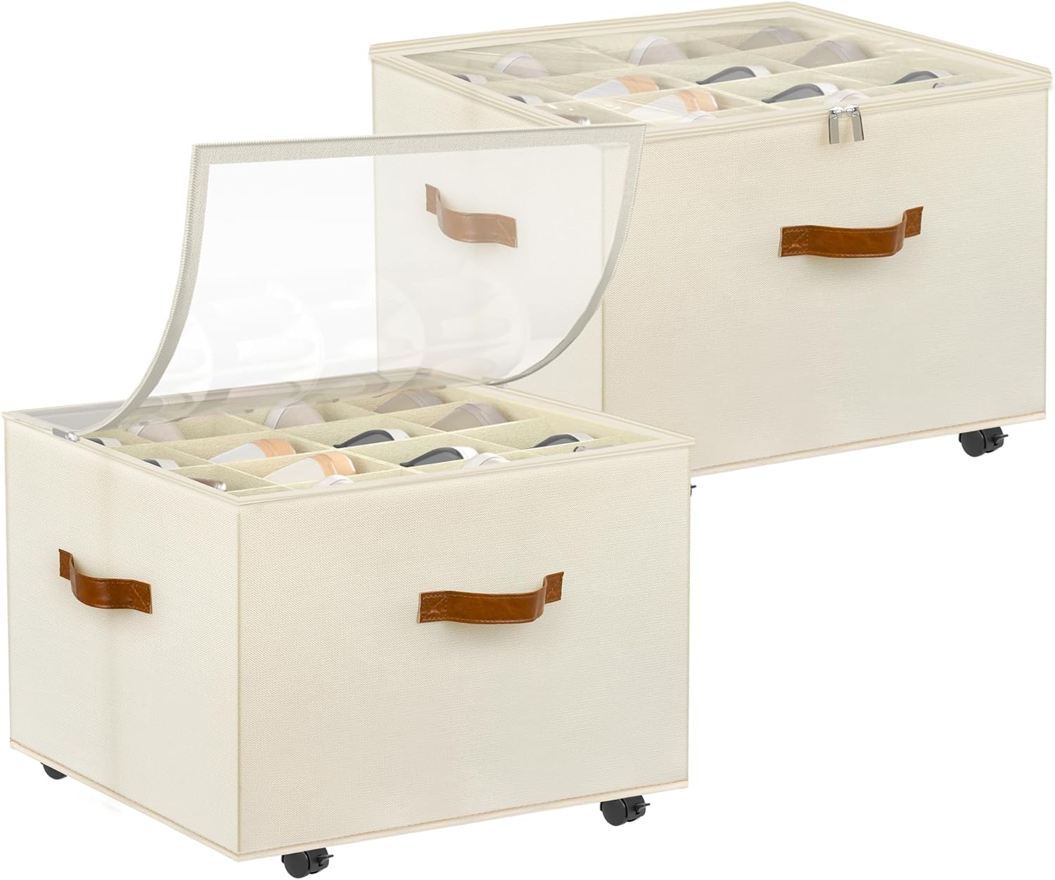 Skiennix Shoe Organizer - Stackable Storage Box with Wheels & Adjustable Dividers | Fits 16-32 Pairs, Beige
