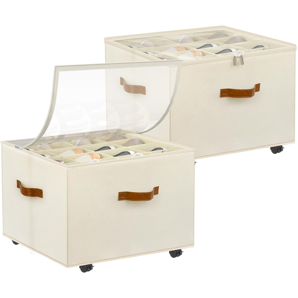 Shoe Organizer for Closet, 2 Pack Shoe Storage Organizer with Wheels and Adjustable Dividers, Stackable Shoe Storage Box with Clear Cover, Foldable Closet Shoe Organizer Fits up to 16-32 Pairs, Beige