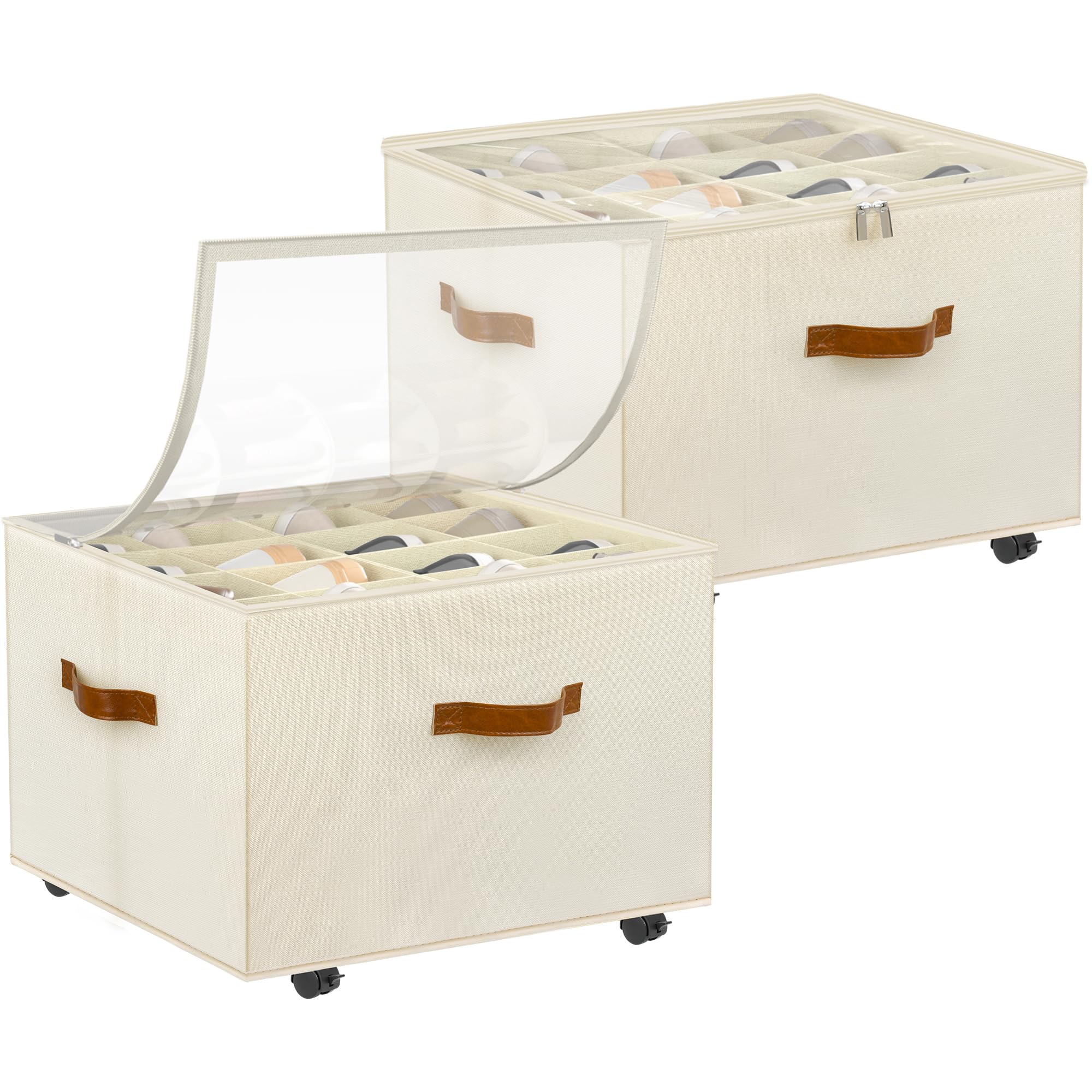 Shoe Organizer for Closet, 2 Pack Shoe Storage Organizer with Wheels and Adjustable Dividers, Stackable Shoe Storage Box with Clear Cover, Foldable Closet Shoe Organizer Fits up to 16-32 Pairs, Beige
