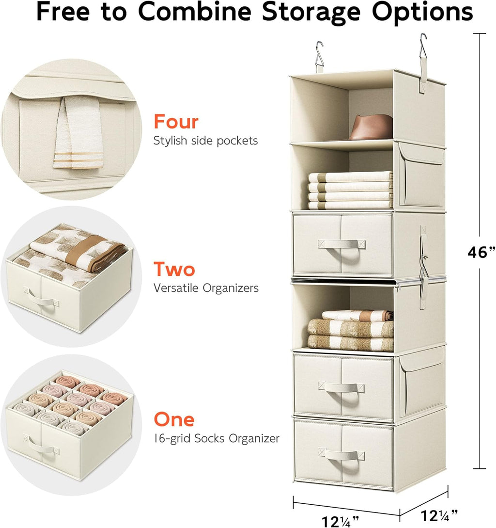 Vailando 6-Shelf Closet Organizer - Versatile Hanging Storage with 3 Drawers | Beige Wardrobe Solution