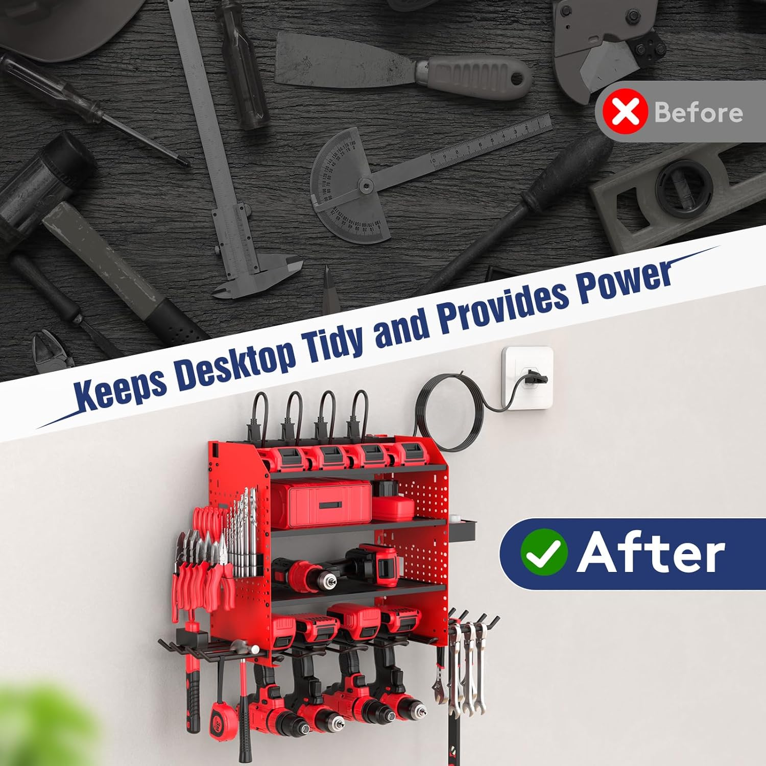 Power Tool Organizer by Heavy Duty - Wall Mount with Charging Station & Adjustable Shelves | Holds 4 Drills