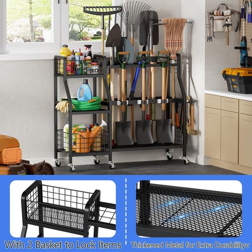 Keomaisyto Garden Tool Organizer - Heavy Duty Metal Storage with 6 Wheels & 2 Baskets | Ideal for Garage, Shed, Yard