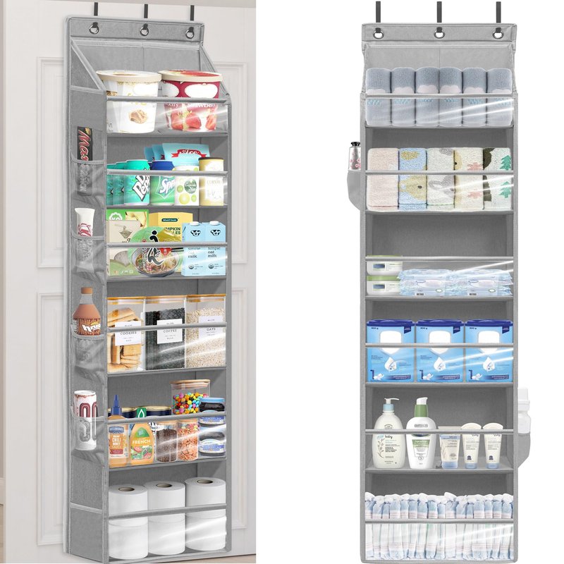 STORAGEIDEAS Over Door Organizer with 6 Extra Large Pockets 12 Side Pockets, 2-Pack Sturdy Closet Rack, Hanging Storage Organizer with Clear Window for Shoes, Diapers, Toys, Bedroom, Bathroom, Grey
