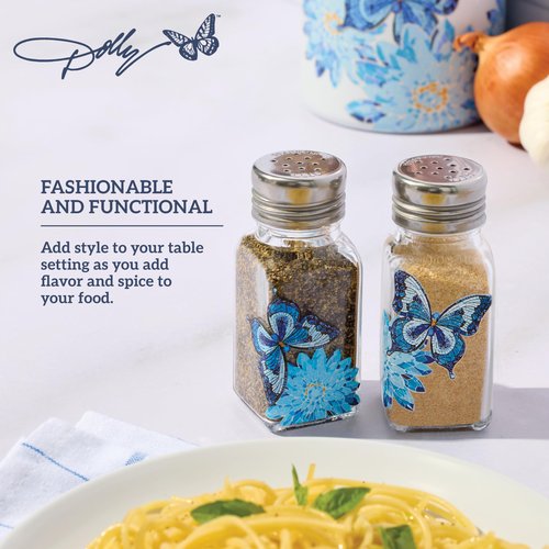 Dolly Parton Glass Salt and Pepper Shakers with Mosaic Flowers and Butterfly Design, Easy to Fill, Set of 2, 3 Ounce