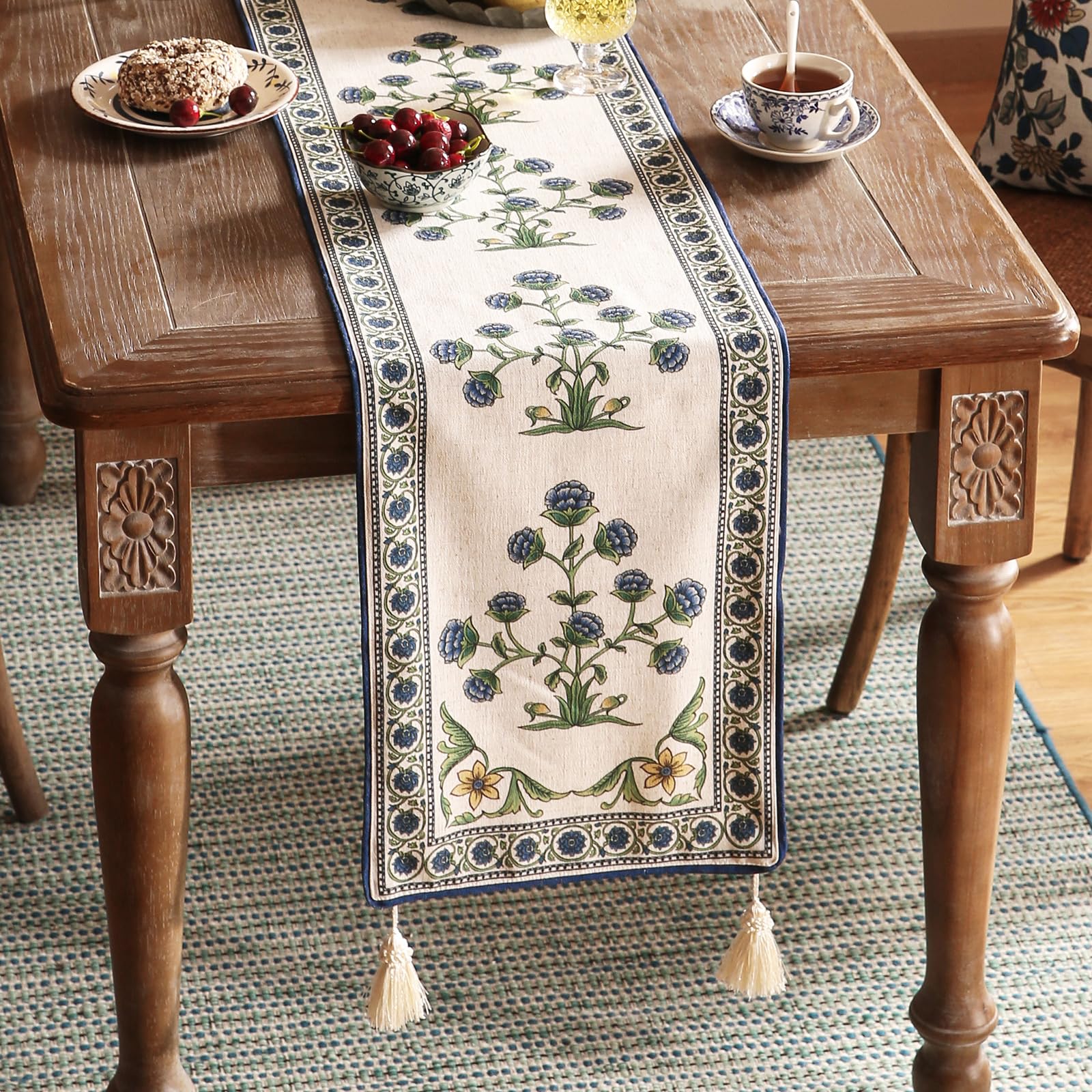 patdrea Designer Blue Rustic Elegant Floral Patterned Extra Long,Wrinkle Resistant Linen Table Runner 118 Inch Long,Decoration for Kitchen Dining and Coffee Tables Banquet Christmas , 12"x118"
