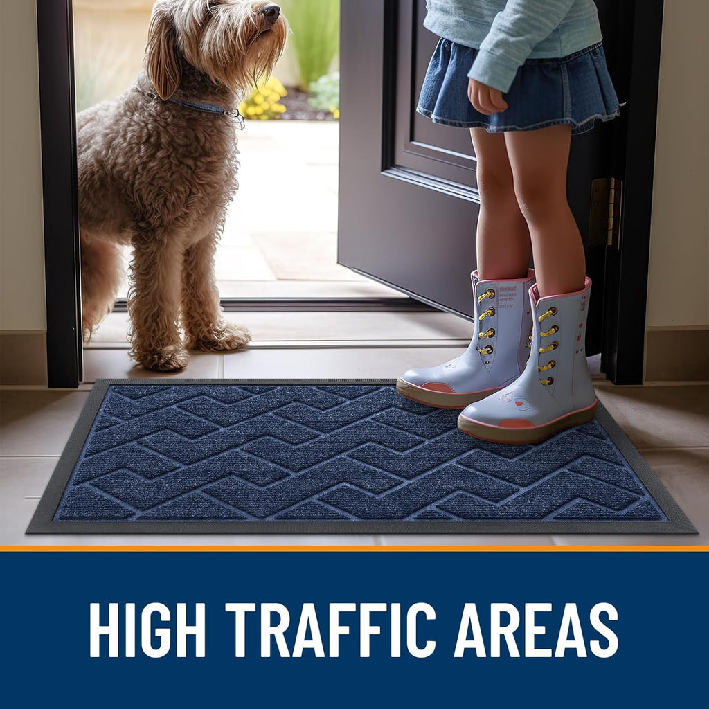 OLANLY Waterproof All-Season Front Door Mat - Sturdy Natural Rubber, Low Profile, Herringbone Brick (Blue, 47x17)