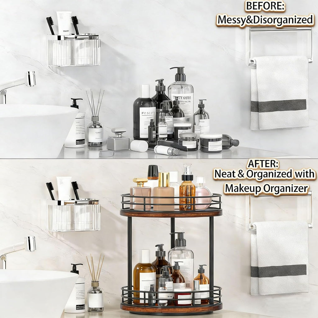Skiennix 2-Tier Rotating Makeup Organizer - Wooden Bathroom Countertop Storage Shelf | Brown