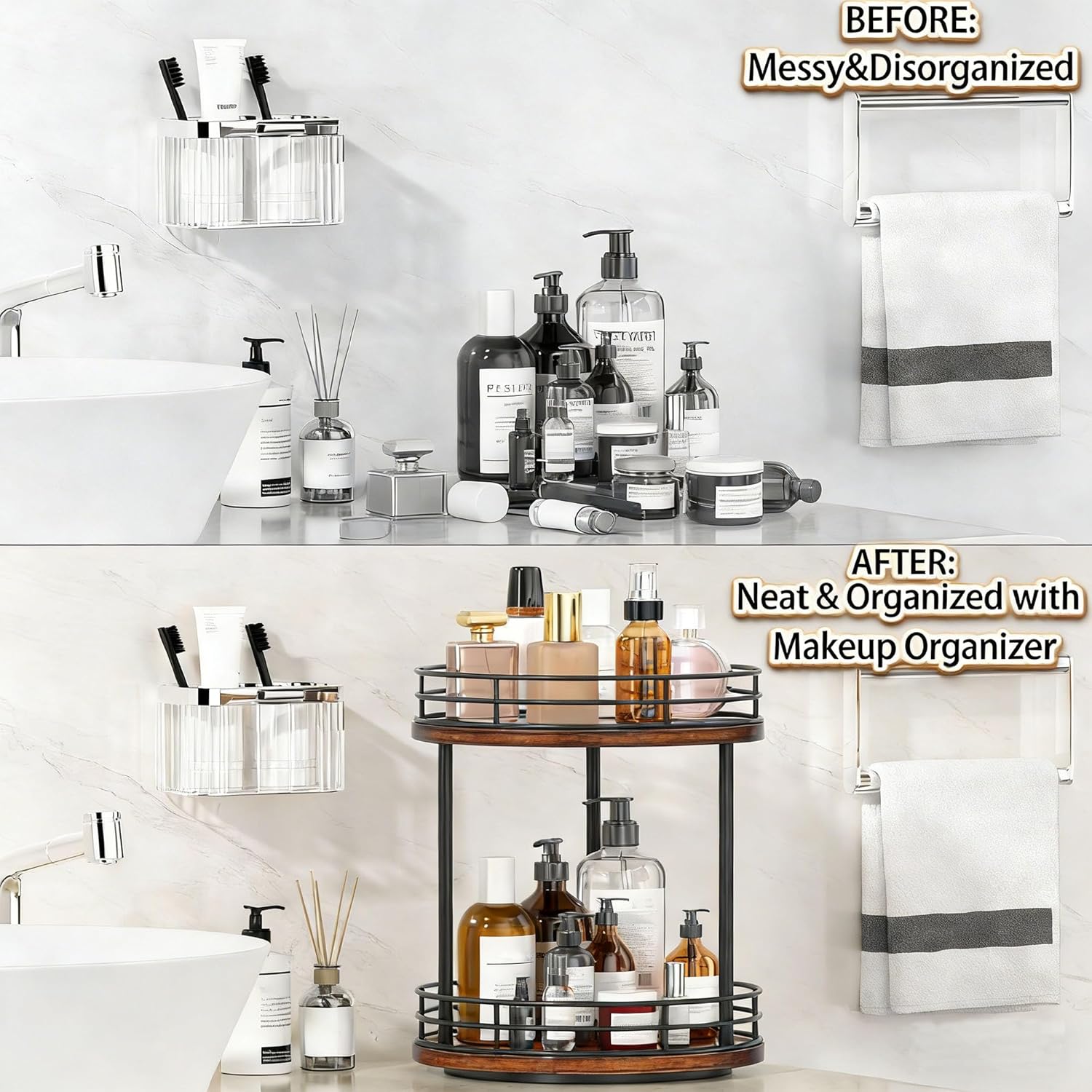 Skiennix 2-Tier Rotating Makeup Organizer - Wooden Bathroom Countertop Storage Shelf | Brown