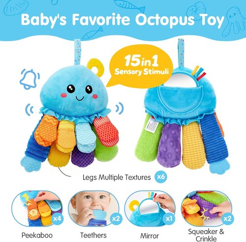 Hahaland Baby Sensory Toys - 15-in-1 Soft Tummy Time Toy with Crinkle Rattle & Mirror | Ideal for Infants 0-6 Months