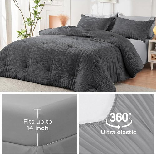 HYMOKEGE Queen Comforter Set - Luxury 7-Piece Bedding Set in Dark Grey/Light Grey | All-Season Comforter, Sheets & Pillowcases