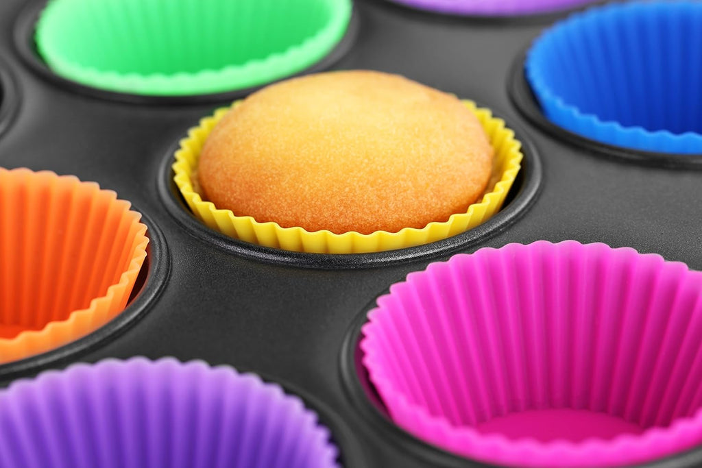 New Star Foodservice Reusable Silicone Baking Cups - Set of 24 Colorful Cupcake Liners