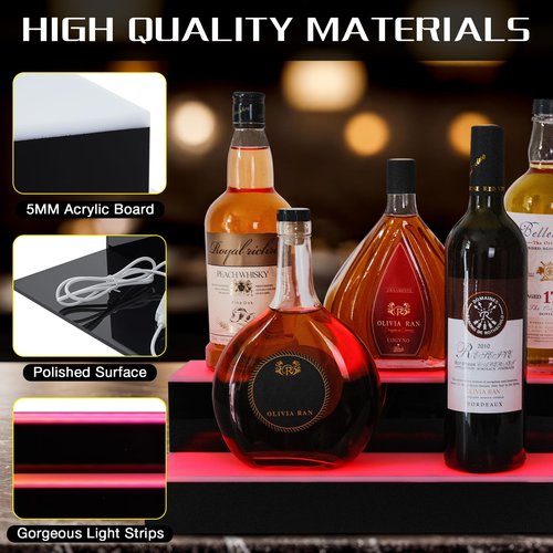 ClarityCraze LED Lighted Liquor Bottle Display Shelf, 2 Tiers 24 Inch Bar Bottle Display Shelf with Remote and App Control for Home Bar Party Whiskey Wine Coffee Syrup Water Bottle Display
