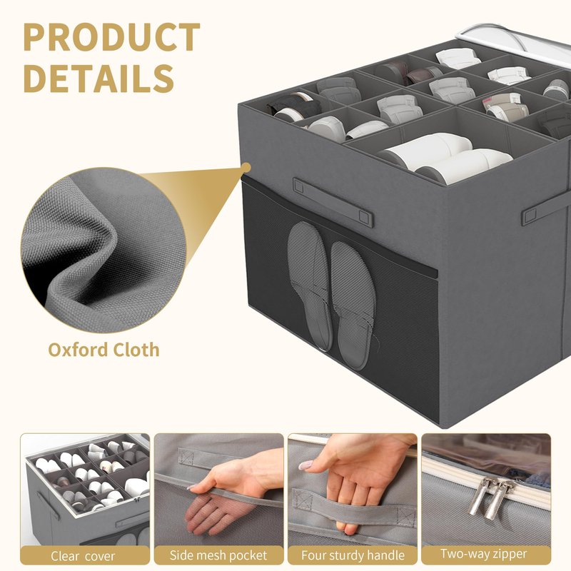 ZLLZUU Shoe Organizer for Closet,2 Pack Foldable Shoe Storage Box with Adjustable Dividers and Clear Cover, Fabric Shoe Storage organizer Bin with Mesh Pockets,Fits up to 16-32 Pairs,Grey