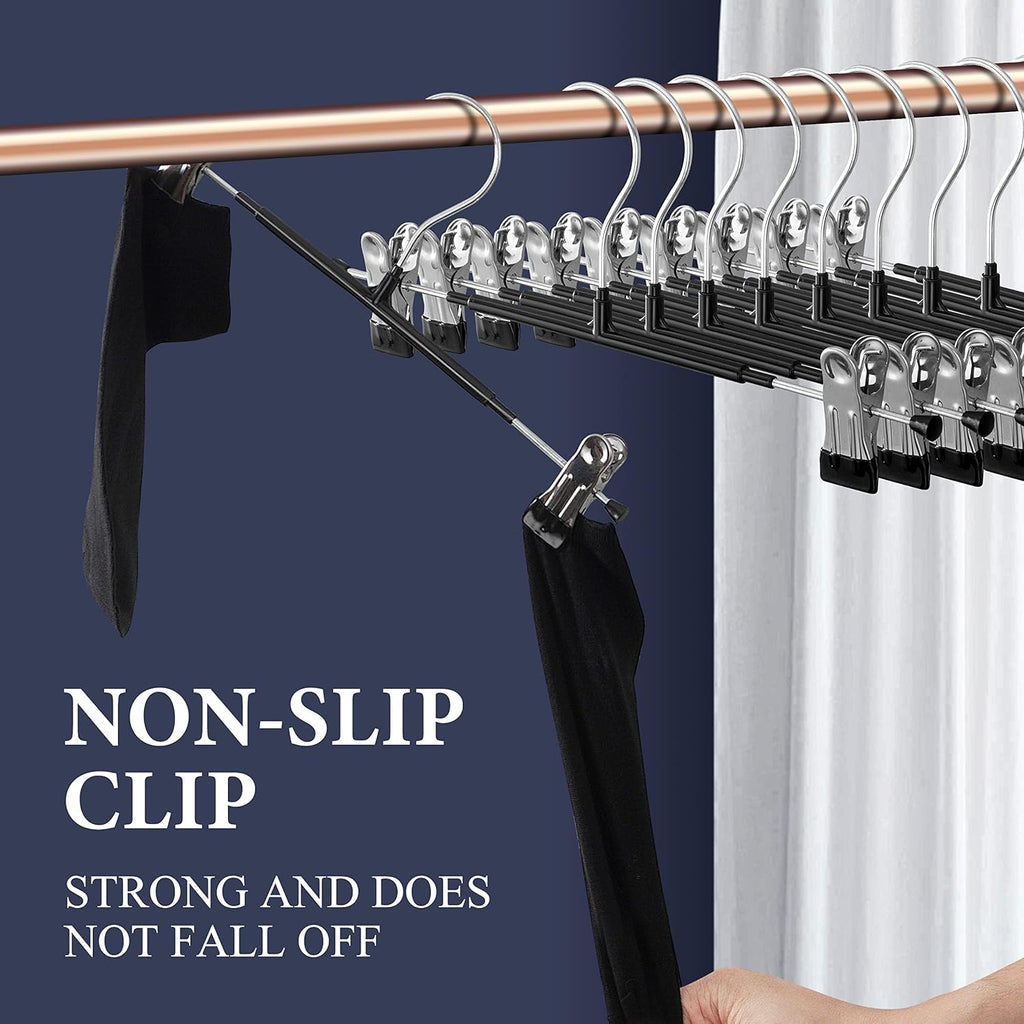 Skiennix 30-Pack Adjustable Pants Hangers - Heavy Duty Non-Slip Clips for Trousers & Skirts | Black