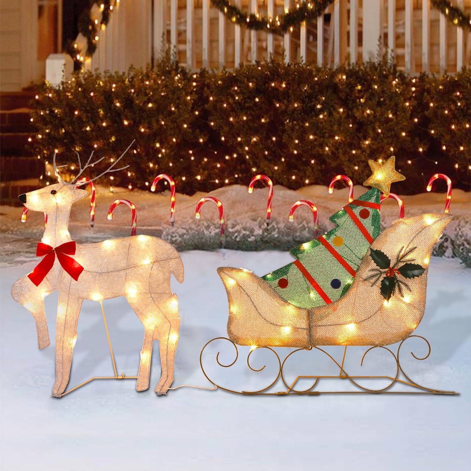 WATERGLIDE Christmas Decorations - 23-Inch Lighted Reindeer & Santa Sleigh | Pre-Lit 2D Yard Decor for Festive Holiday Display