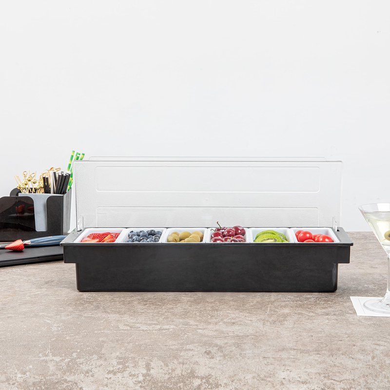 Restaurantware Bar Lux 19.6 x 6.3 x 3.7 Inch Condiment Caddy 1 Durable Bar Caddy - 6 Removable Compartments Built-In Lid Black Plastic Condiment Holder For Restaurant Store Cocktail Garnish