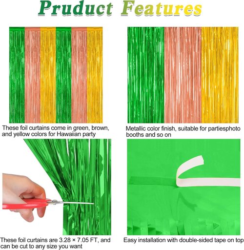 Hawaiian Party Decorations by [Brand Name] - 4 Pack Tinsel Backdrop | 3.28 FT x 7.05 FT Metallic Foil Curtains