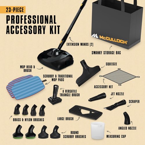 McCulloch MC1385 Deluxe Steam Cleaner - Chemical-Free, 2-Hour Runtime, 23 Accessories for Home & Car Detailing