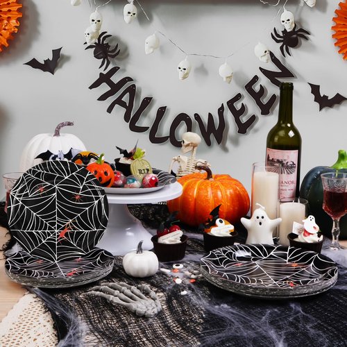 Homlouue 200 PCS Halloween Plates and Napkins, Spider Web Paper Plates for Halloween Party Decoration, Serve 50, Disposable Dinnerware Set