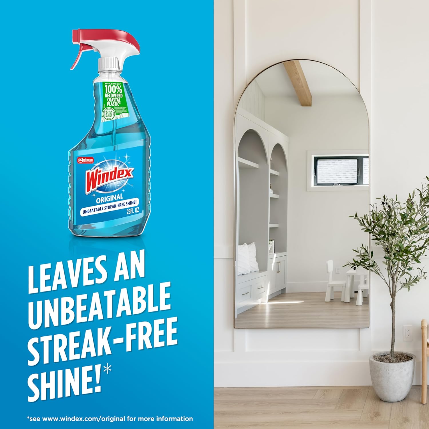 Windex Glass Cleaner Spray - Eco-Friendly 100% Recycled Plastic | Original Blue Scent, 23 Fl Oz (Pack of 6)