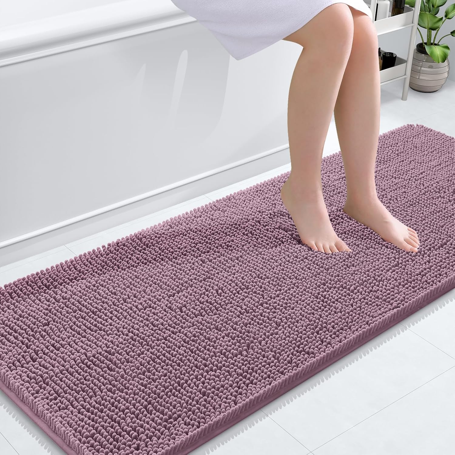 OLANLY Bathroom Runner Rugs - Soft Absorbent Chenille Bath Mat | Quick Dry, Machine Washable, 59x24, Deep Plum