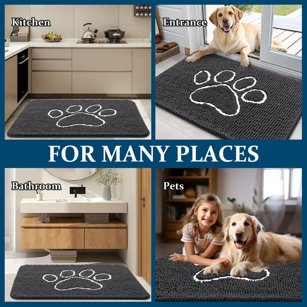 OLANLY Dog Door Mat - Absorbent Non-Slip Mud Mat for Paws | 54x24 Dark Grey Chenille Design