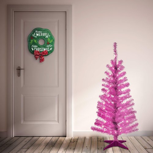 National Tree Company Pre-Lit Artificial Christmas Tree, Pink Tinsel, White Lights, Includes Stand, 4 feet