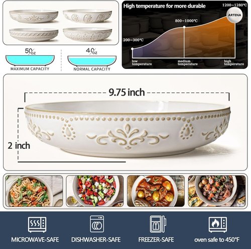 Artena Pasta Bowls - 50oz Large Salad Serving Bowls | Set of 4 White Ceramic Dinner Bowls, Microwave & Dishwasher Safe