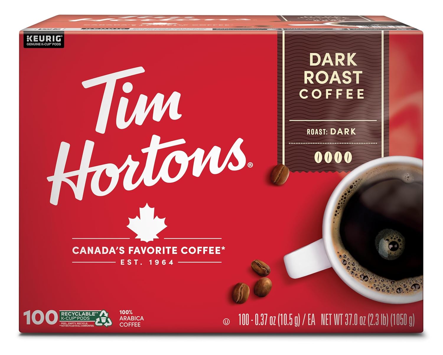 Tim Hortons Dark Roast Coffee K-Cup Pods - Compatible with Keurig Brewers | 100 Count