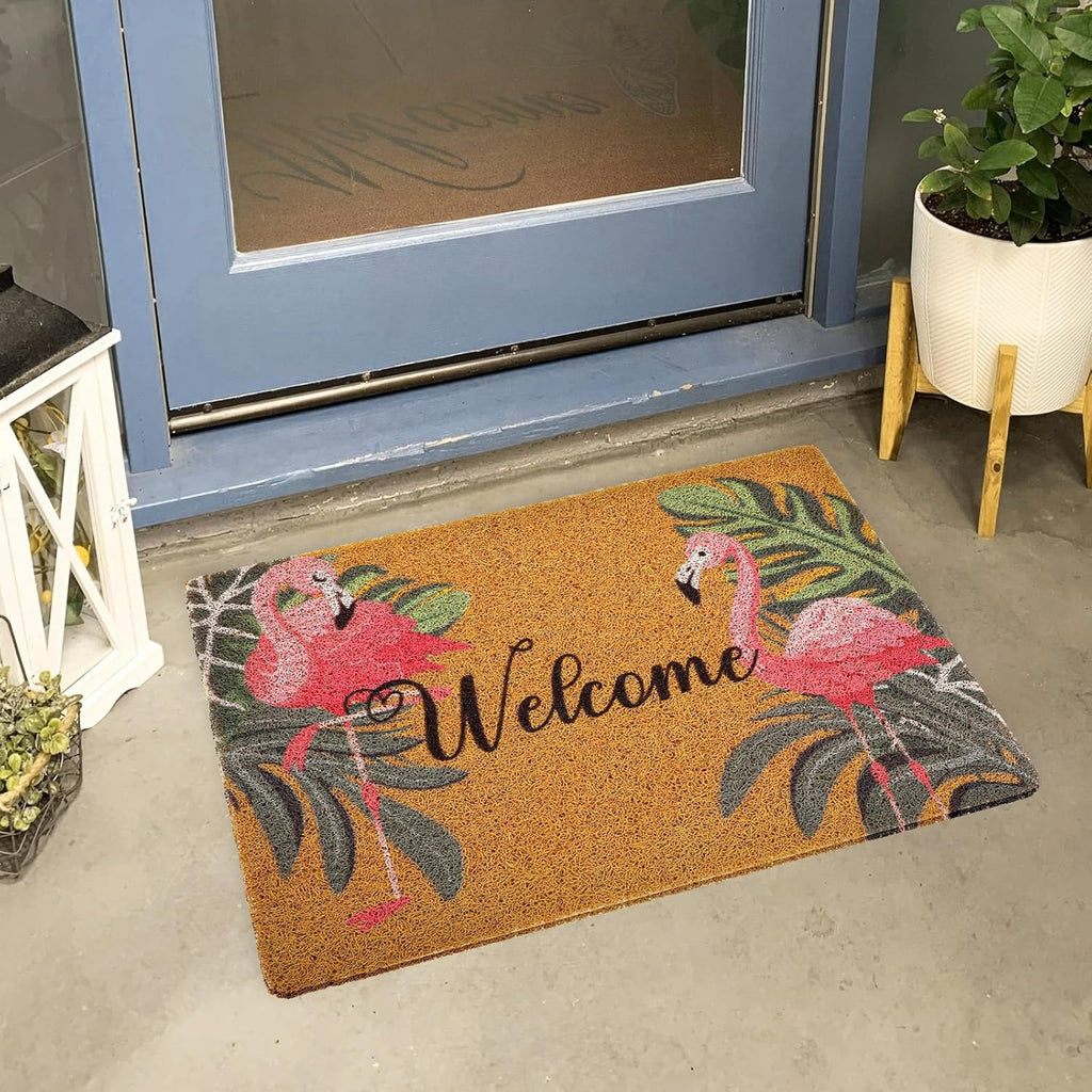 Tinideya Flamingo Welcome Door Mat - Tropical Palm Leaves Design | Washable Non-Slip Rug 17x29 Inch