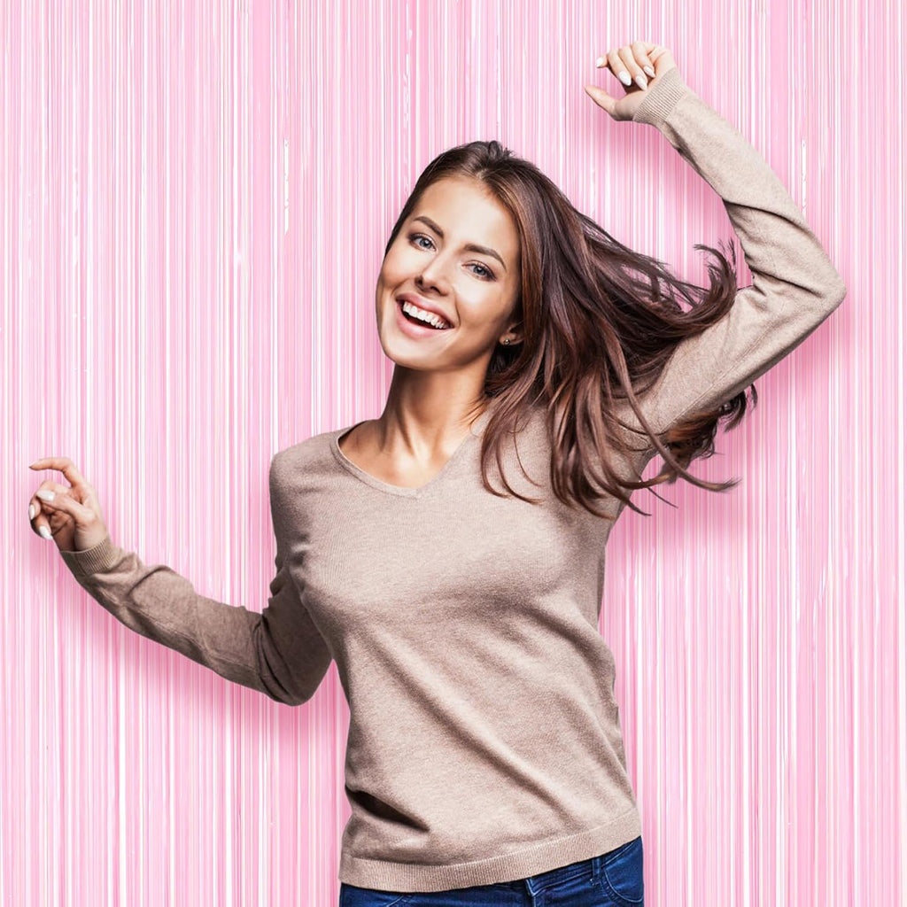Voircoloria Foil Fringe Backdrop Curtains - 3 Pack Tinsel Streamers in Pastel Pink | Perfect for Parties, Graduations, and Baby Showers