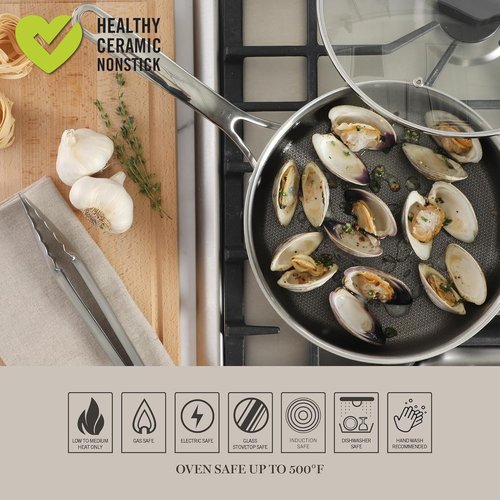 Martha Stewart Badgley Hybrid Nonstick Cookware Set - 10 Piece TriPly Stainless Steel Pots & Pans, Non-Toxic, Dishwasher Safe
