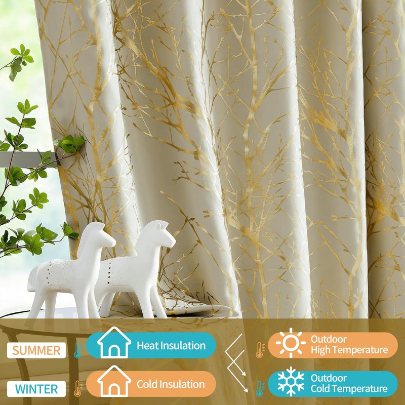 FMFUNCTEX 100% Blackout Curtains for Bedroom, Curtains 96 Inches Long Gold Ivory Tree Branch Thermal Curtain Drapes for Living Room Darkening Window Curtains,Farmhouse Curtain Grommet Top 2 Panels