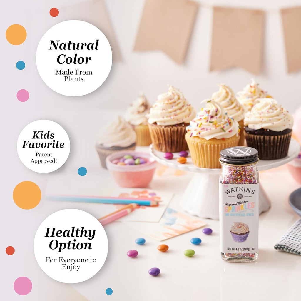 Watkins Gourmet Decorating Sprinkles - Rainbow Nonpareils, 4.2 Oz Jar for Vibrant Baking Decor