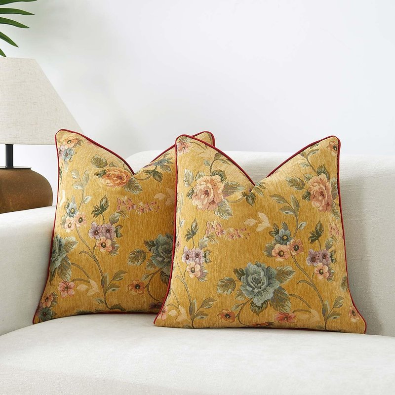 JUSPURBET Set of 2 Decorative Boho Throw Pillow Covers 22x22 Inch Farmhouse Cushion Cover Soft Floral Chenille Pillowcase with Piping for Couch Sofa Bed Living Room Home Decor,Khaki