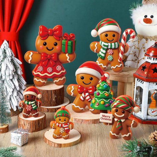 AceOrbit 8-Inch Large Gingerbread Man Figurines - Rustic Wooden Christmas Table Decorations | 6 Pcs Set