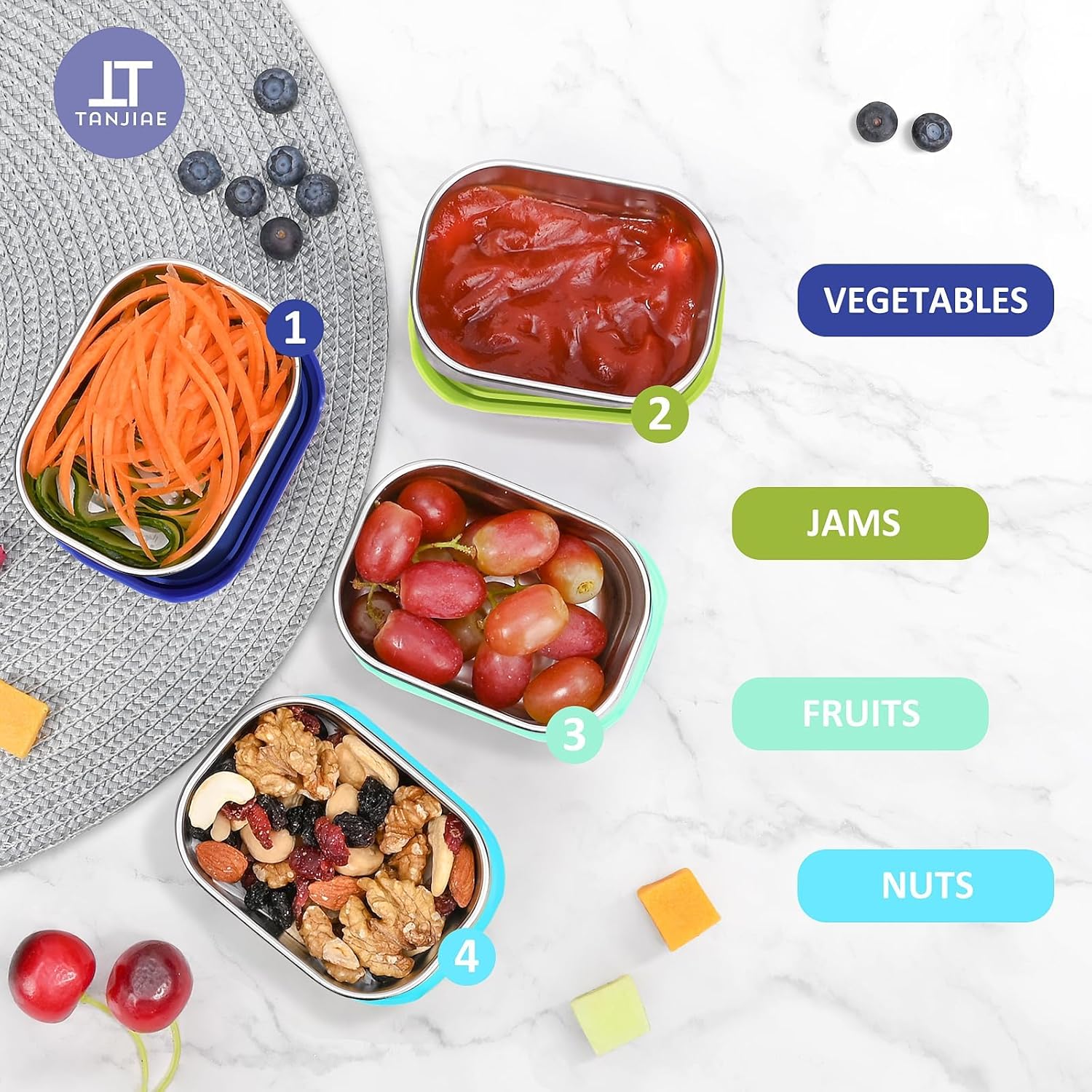 Tanjiae Stainless Steel Snack Containers - 4-Pack 8oz | Reusable Easy-Open Toddler Lunch Box with Silicone Lids