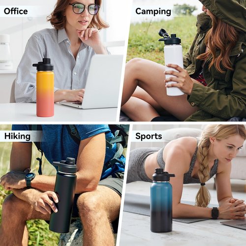 Fijinhom 24 oz Insulated Water Bottle with Handle, 304 Stainless Steel Water Bottles with Wide Mouth, Double Wall Vacuum Sports Water Bottle, BPA Free, Keep Cold and Hot, White